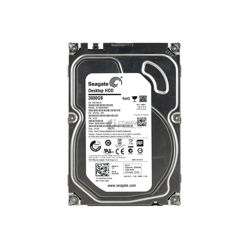 K3PK8 DELL HARD DRIVE 3TB 7.2K 6G 3.5 LFF SATA 0K3PK8, ST3000DM001